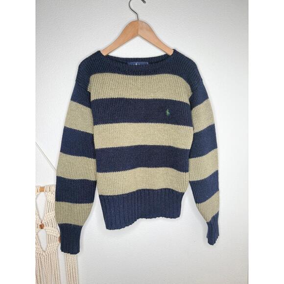 Ralph Lauren Sweater VTG Navy Olive Green Crewneck Striped Classic cozy knit - Picture 1 of 11